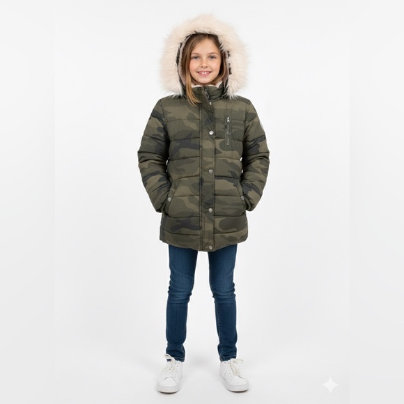 Abercrombie Kids Camouflage Puffer Jacket with Pink Faux Fur Lining - Picture 12 of 12